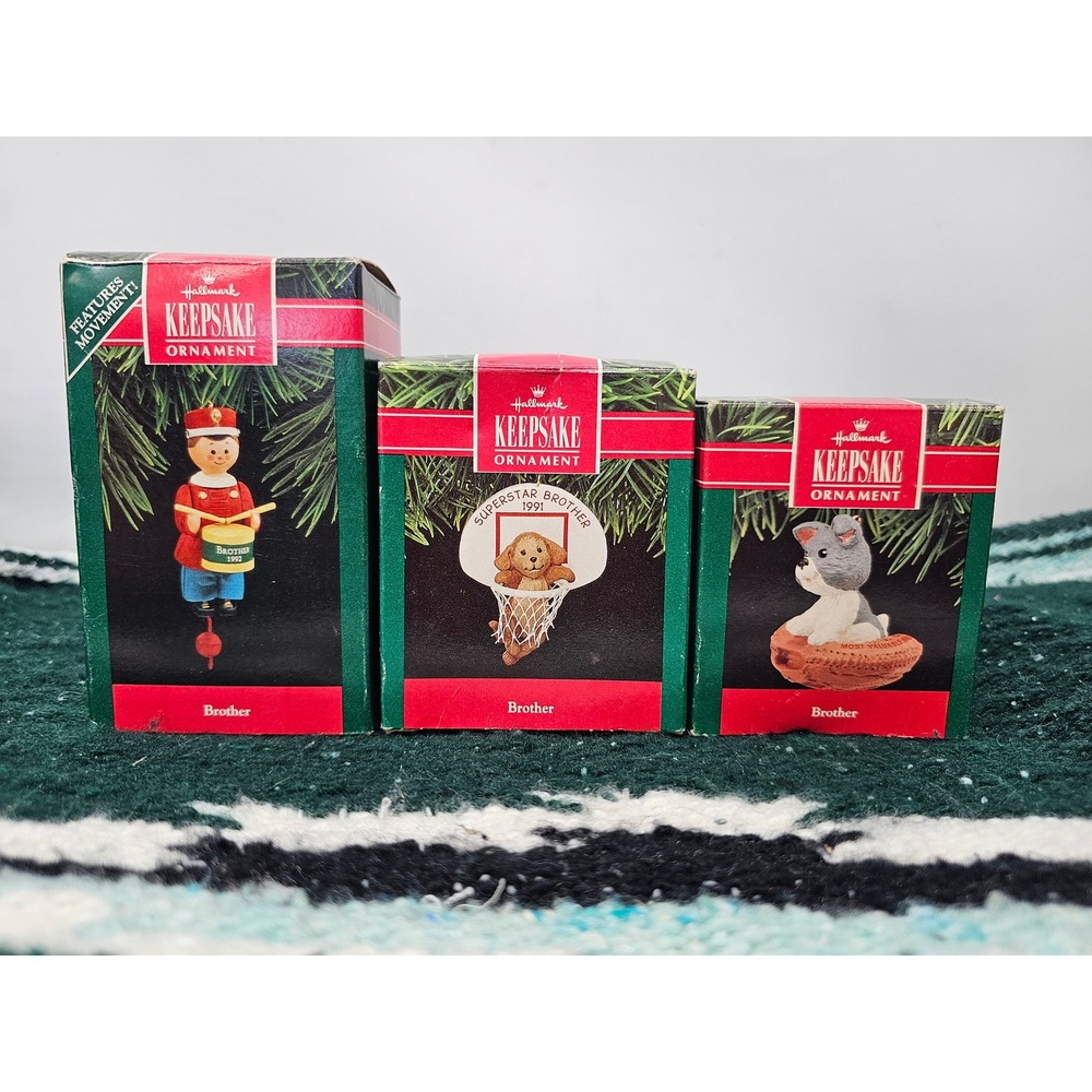 Hallmark Keepsake Brother Ornament Lot 1990 1991 1992 Drummer Puppy Basketball